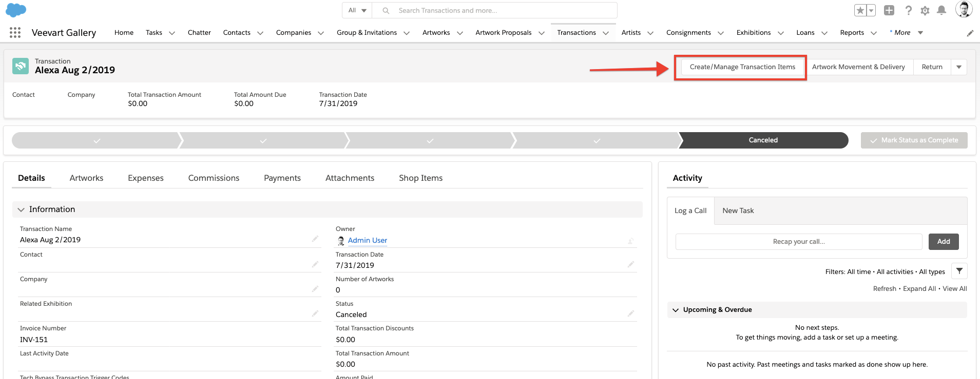 Create/Manage Transaction Items